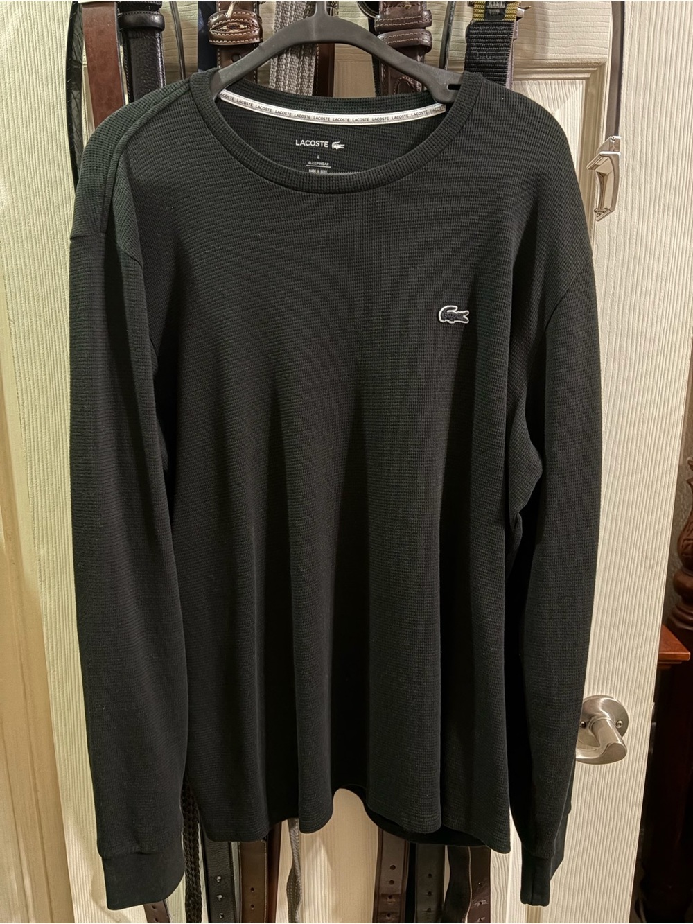 Lacoste Men's Black Long-Sleeve Waffle Crewneck